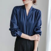 Women's Satin Temperament Design V-neck Retro Loose Top — Navy Blue - Image 5