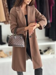 Lapel Single-breasted Wool Coat Winter Long Sleeve Solid Color Long Jacket Women Clothing — Khaki - Image 7