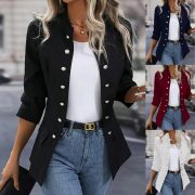 Winter Fashion Solid Color Stand Collar Double Breasted Cardigan Jacket — Dark Blue - Image 2