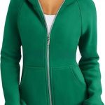 Women's Zipper Short Hood Fleece Lined Solid Color Hoodie Sweater — Green