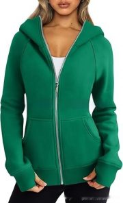 Women's Zipper Short Hood Fleece Lined Solid Color Hoodie Sweater — Army Green - Image 7