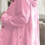 Women's Corduroy Hooded Jacket Fashion Warm Pockets Button Mid-length Top Casual Fall Winter Outwear Clothing — Pink