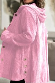 Women's Corduroy Hooded Jacket Fashion Warm Pockets Button Mid-length Top Casual Fall Winter Outwear Clothing — Black - Image 7