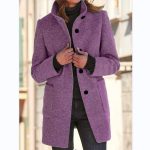 Fashion Stand Collar Woolen Coat With Pockets Fall Winter Casual Button Outwear For Women Clothing — Light Purple