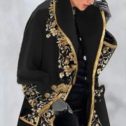 Women's Large Lapel Digital Printing Woolen Coat — Black - Image 3