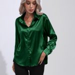 One Button Satin Shirt Temperament Long Sleeve Shirt — Dark green