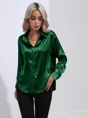 One Button Satin Shirt Temperament Long Sleeve Shirt — Dark green