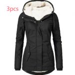 Solid Color Pocket Long-sleeve Zipper Fleece Padded Coat Women — Black 3pcs