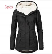Solid Color Pocket Long-sleeve Zipper Fleece Padded Coat Women — Wine Red - Image 9