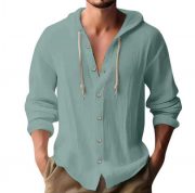 Cotton And Linen Shirt Hooded Sweater Button Long Sleeve — Navy Blue - Image 23
