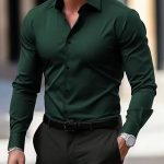 Men's Shirt Business Button Down Shirt Summer Solid Color Long Sleeve Lapel Vacation Shirt Fashion Temperament Casual Tops — Dark Green
