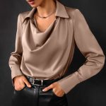 Collared Long-Sleeve Shirts Fashion Commuter Solid Color Blouse Casual Business Tops Women's Clothing — Khaki