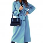 Women's Fashion Simple Double Breasted Long Sleeve Lapel Button Woolen Coat — Light blue