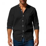 Long Sleeve Stand Collar Shirt With Pockets Casual Men's Clothing — Black