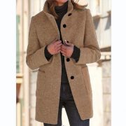 Fashion Stand Collar Woolen Coat With Pockets Fall Winter Casual Button Outwear For Women Clothing — Red - Image 11