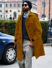 Retro Horn Button Hooded Woolen Trench Coat Men — Green - Image 8