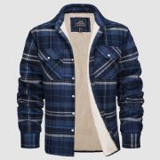 Fleece Lined Men's Jacket Long Sleeve Lapel Plaid — Khaki Grid - Image 3
