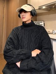 Japanese-style Retro Green Jacquard Turtleneck Sweater — Black - Image 5