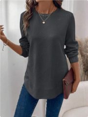 Women's Crew Neck Casual Long Sleeve Shirt — Khaki - Image 7