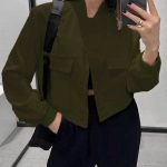 Fashion Button Stand-collar Jacket With Big Pockets Casual Loose Short Outwear Tops Coat For Women Clothing — Army Green