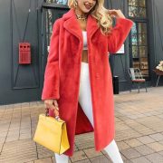 Women's Fashionable Elegant Lace-up Turn-down Collar Plush Long Coat — Red - Image 3