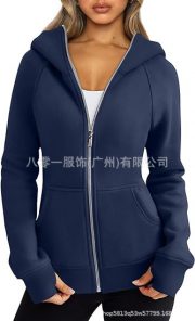 Women's Zipper Short Hood Fleece Lined Solid Color Hoodie Sweater — Army Green - Image 16