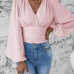 V-neck Sleeve Solid Color Pleated Women's Long-sleeved Top — Pink