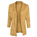 Women's Sequin Long Sleeve Temperament Mid-length Polo Collar Solid Color Coat — Gold