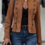 Women's Solid Color Double-breasted Decorative Deerskin Velvet Retro Long-sleeved Jacket — Dark Brown