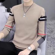 Slim-fit Contrast Colors Round Neck Base Knitwear Men's Sweater — 6766 Black - Image 2