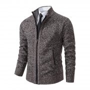 Men's Solid Color Stand Collar Cardigan Sweaters Coat — Wine Red - Image 20