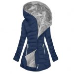 Women's Plush Hooded Mid-length Oblique Zipper Cotton-padded Coat — Navy gray bottom