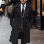 Fall Winter Men Woolen Coat Double Breasted Long — Black