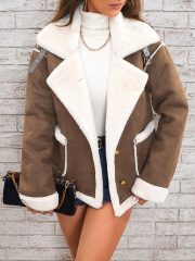Fashion Polo Collar Plush Jacket Winter Warm Casual Jacket — Coffee