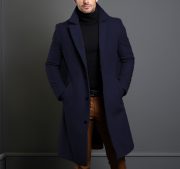 Men's Mid-length Trench Coat Fall Winter Slim Pockets Single-breasted Collar Jacket  Casual Business Comfortable Overcoat Clothing — Navy Blue