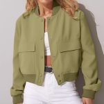 Fashion Button Stand-collar Jacket With Big Pockets Casual Loose Short Outwear Tops Coat For Women Clothing — Olive green