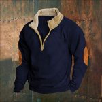 Retro Patchwork Half Cardigan Men's Long-sleeved Sweater — Navy Blue
