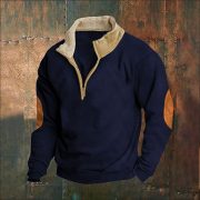 Retro Patchwork Half Cardigan Men's Long-sleeved Sweater — Navy Blue