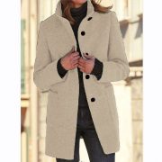 Fashion Stand Collar Woolen Coat With Pockets Fall Winter Casual Button Outwear For Women Clothing — Red - Image 10