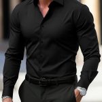 Men's Shirt Business Button Down Shirt Summer Solid Color Long Sleeve Lapel Vacation Shirt Fashion Temperament Casual Tops — Black