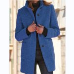 Fashion Stand Collar Woolen Coat With Pockets Fall Winter Casual Button Outwear For Women Clothing — Denim Blue