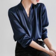 Women's Satin Temperament Design V-neck Retro Loose Top — Navy Blue - Image 2