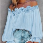Casual Blouses Shoulder Off-Shoulder Long Sleeve Top Lotus Leaf Sleeve Shirt Loose Women's Clothing — Blue