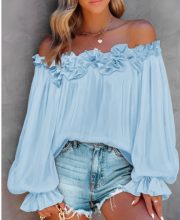 Casual Blouses Shoulder Off-Shoulder Long Sleeve Top Lotus Leaf Sleeve Shirt Loose Women's Clothing — Blue