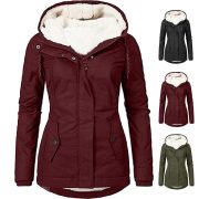 Solid Color Pocket Long-sleeve Zipper Fleece Padded Coat Women — Wine Red - Image 2