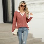 Lapel Long Sleeve Loose-fitting T-shirt Top Women — Rust Red