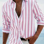 Men's Yarn-dyed Striped Casual Loose Long-sleeved Shirt — HDCS05 Pink