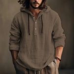 New Wish Cotton Linen Shirt Hooded Sweater Long Sleeve Hooded Casual Daily Clothing — Dark Brown