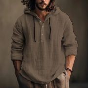 New Wish Cotton Linen Shirt Hooded Sweater Long Sleeve Hooded Casual Daily Clothing — Dark Brown