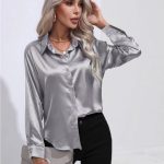 One Button Satin Shirt Temperament Long Sleeve Shirt — Grey
